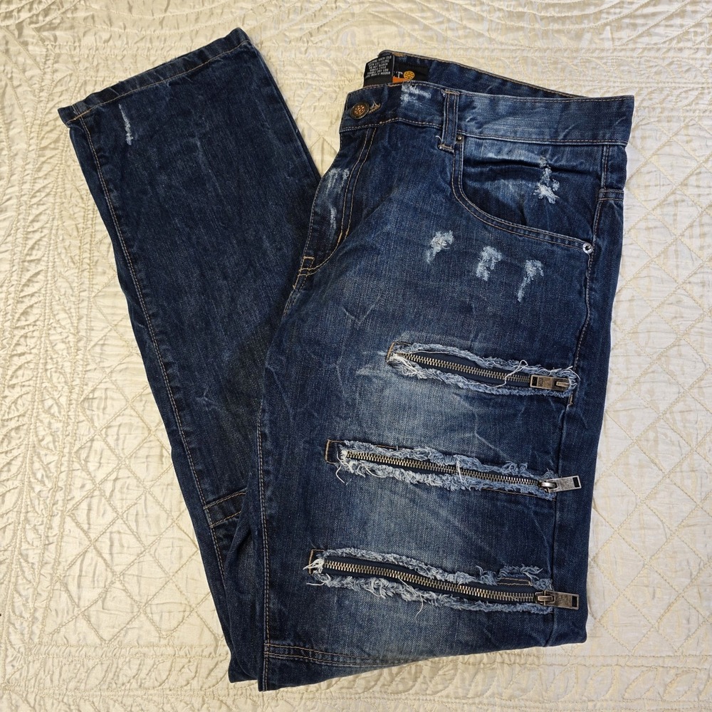 Copper Rivet Jeans Mens 40x34 Blue Straight Distressed Zipper Detail Biker Moto